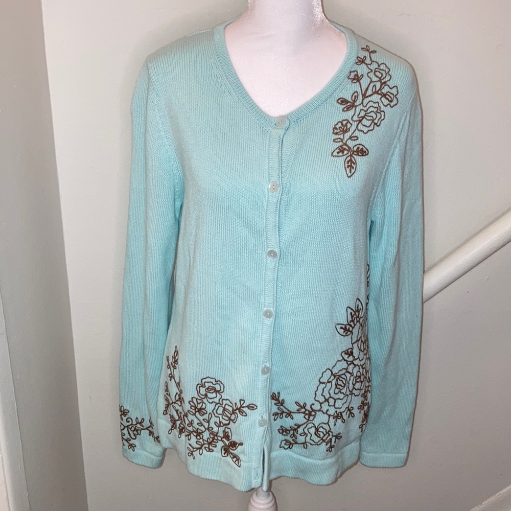 Eddie Bauer Floral Cardigan Sweater Button Up Medium M Blue